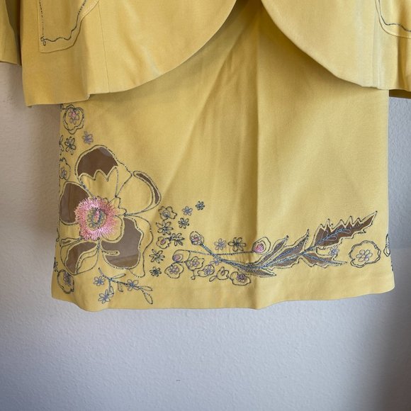 Vera Cristina Silk Two Piece Suit Vintage Yellow Embroidered Jacket Skirt Set - Picture 4 of 16